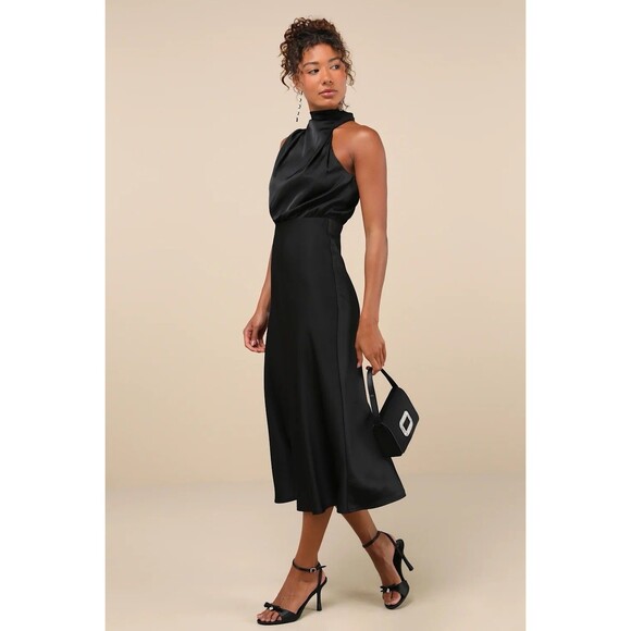 Lulus Distinctive Charm Black Satin Asymmetrical Midi Dress Size Medium Formal - Picture 2 of 9